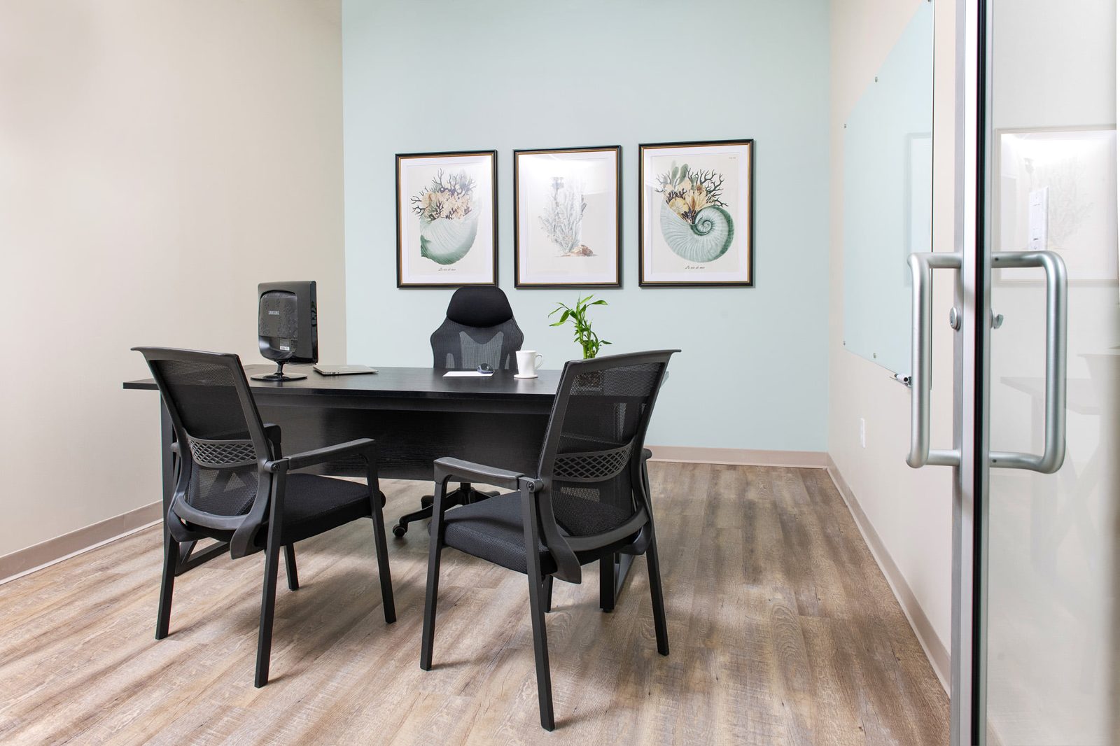 Furnished private office with glass whiteboard